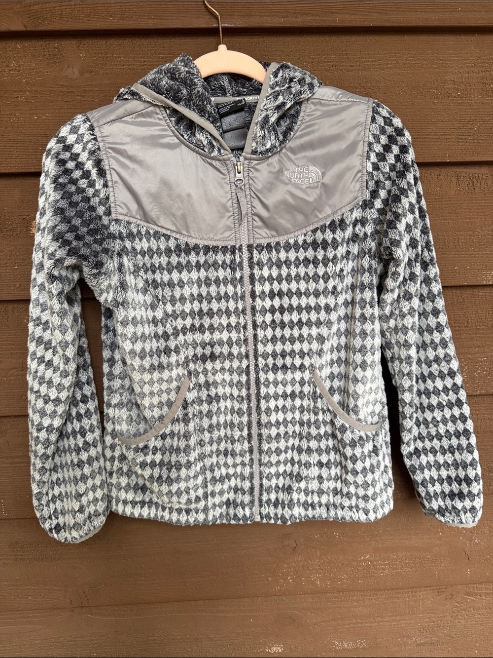 The North Face Gray Patterned Fleece Hooded Puffer Jacket size Large